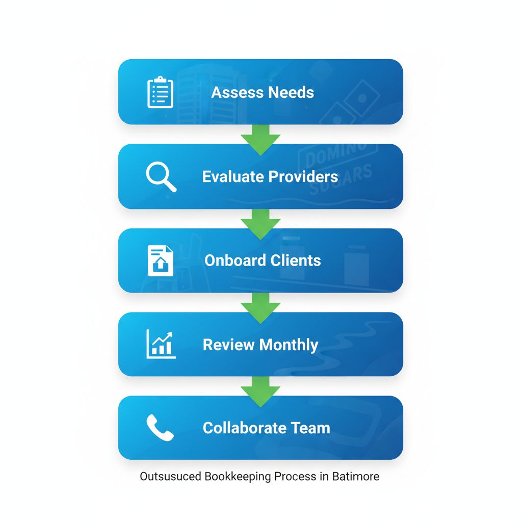 Outsourced Bookkeeping Baltimore Md | Hill Bookkeeping & Consulting Vertical process flow diagram illustrating five steps to start outsourced bookkeeping in Baltimore with icons and connecting arrows