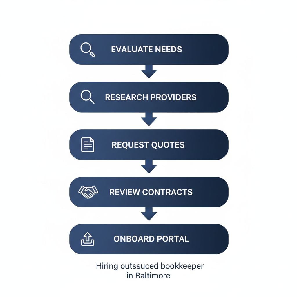 Vertical process flow diagram illustrating the five steps to hire a local outsourced bookkeeper in Baltimore with icons and labels