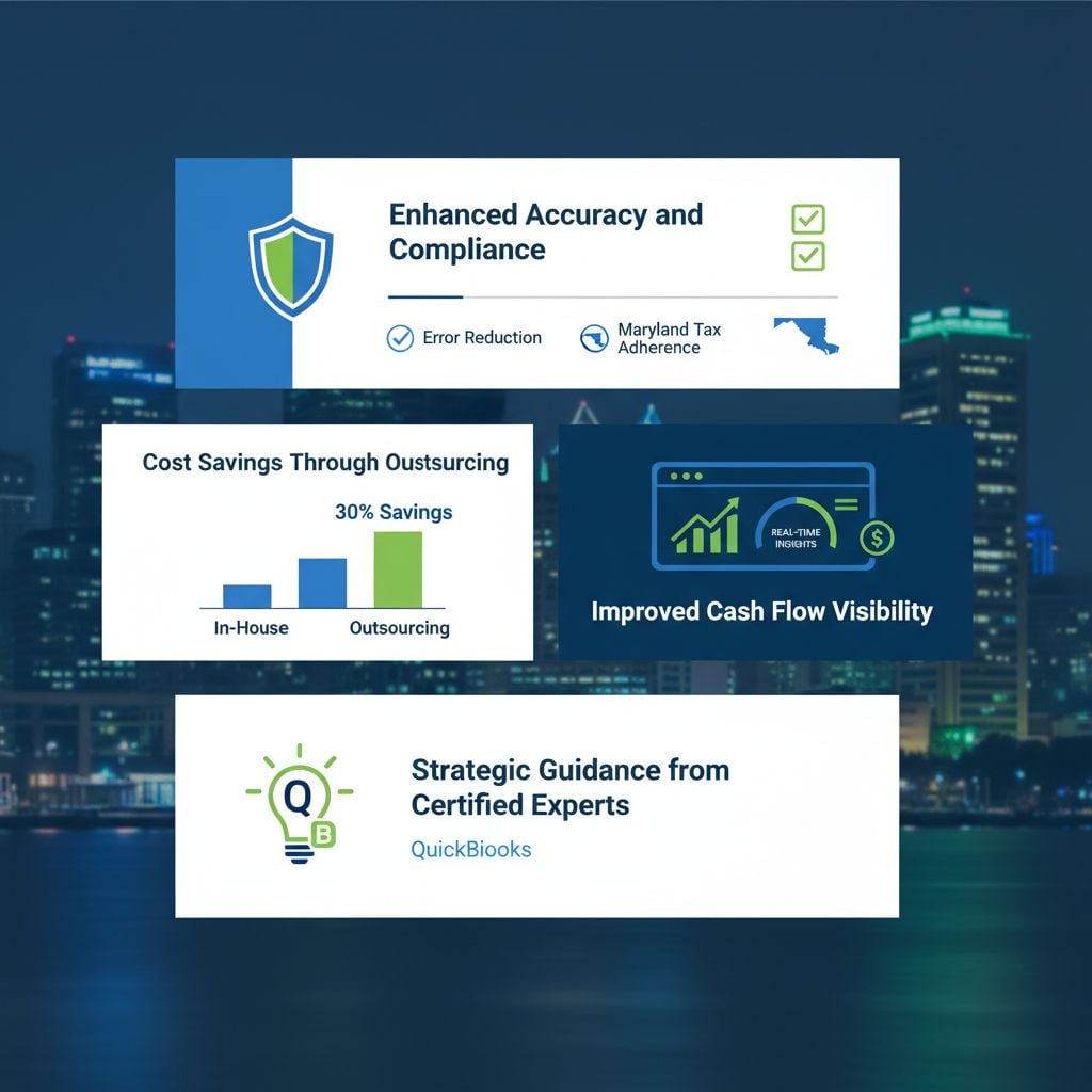 Infographic illustrating four advantages of professional bookkeeping services for Baltimore businesses: accuracy, compliance, cost savings, cash flow visibility, and expert guidance.