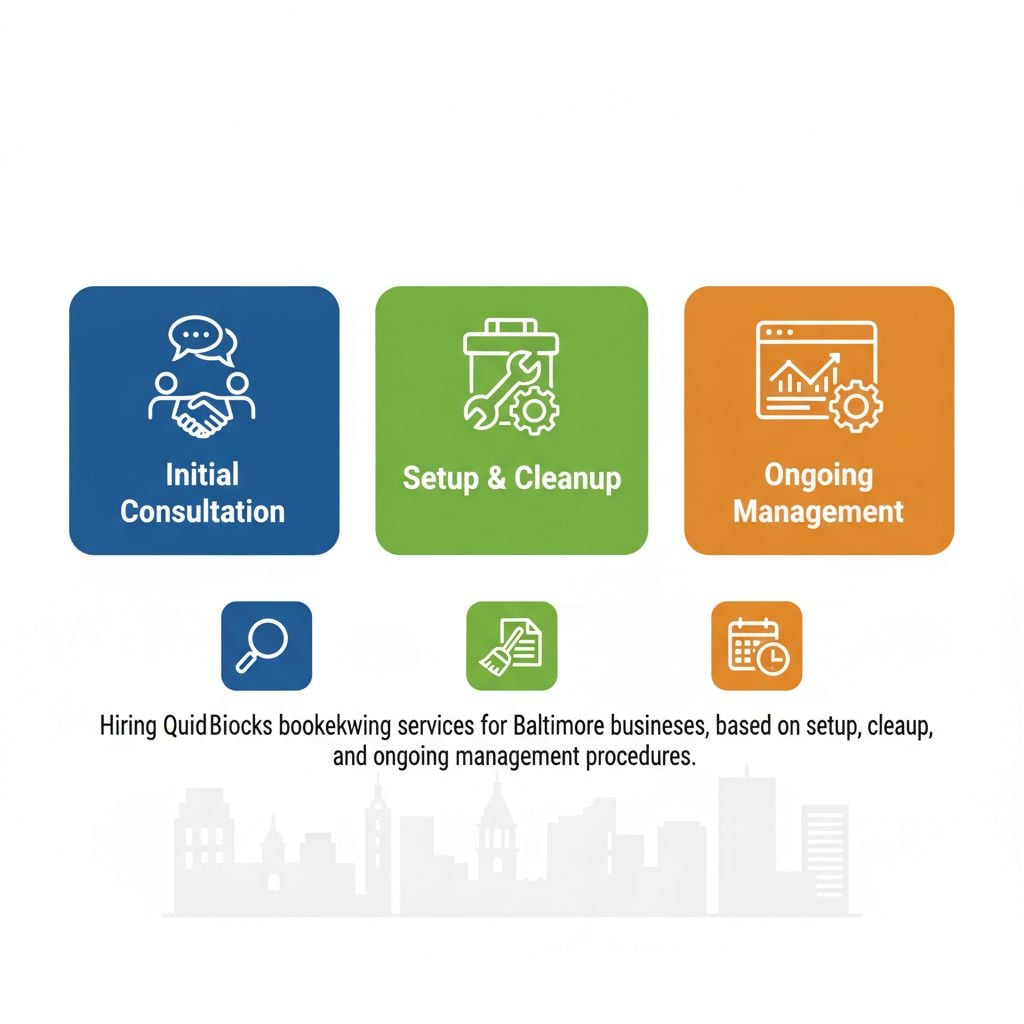 Horizontal process flow diagram illustrating the three stages of hiring QuickBooks bookkeeping services for Baltimore businesses, from consultation to ongoing management.