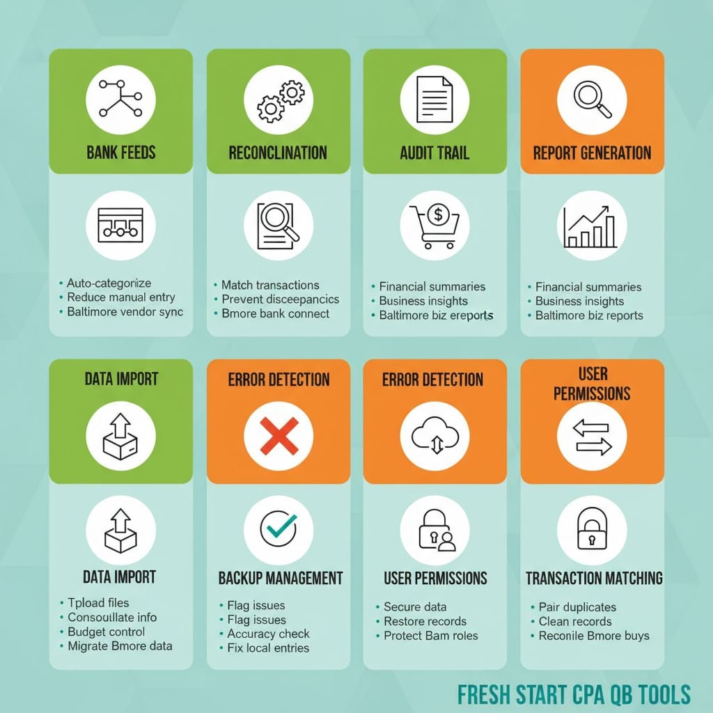 Infographic comparing QuickBooks cleanup tool features with icons, benefits, and color-coded sections for Baltimore businesses