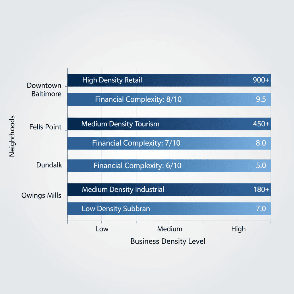 Remote Bookkeeping Services Baltimore Md | Hill Bookkeeping & Consulting Horizontal bar chart of Baltimore neighborhoods business density and bookkeeping financial challenges