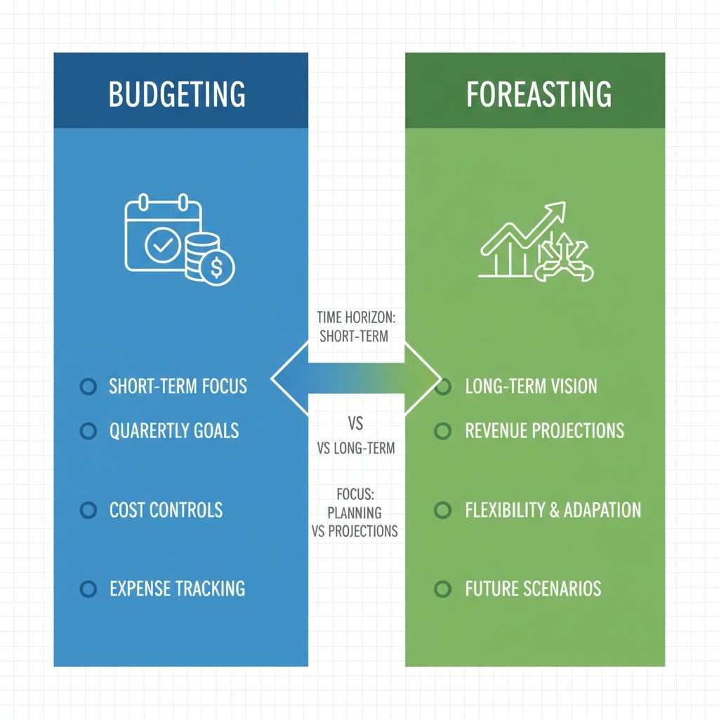 Infographic visually comparing budgeting and forecasting concepts for small business financial management