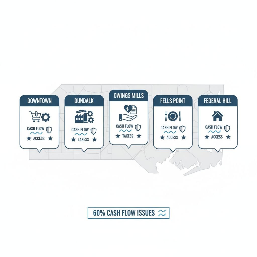 Infographic map of Baltimore neighborhoods highlighting small business challenges in cash flow and taxes for bookkeeping services