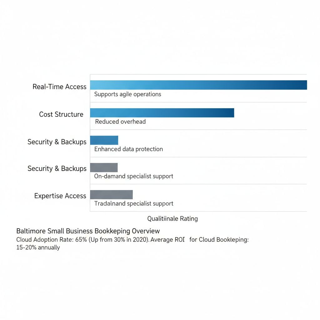 Horizontal bar chart comparing cloud and traditional bookkeeping benefits for Baltimore small businesses