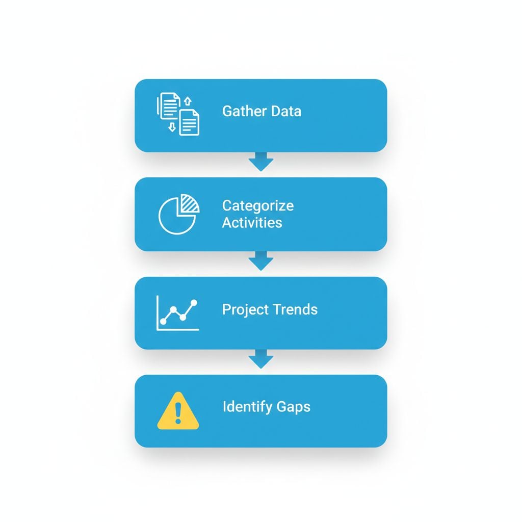 Vertical process flow diagram illustrating four steps of cash flow analysis for small businesses: gathering data, categorizing activities, projecting trends, and identifying liquidity risks.