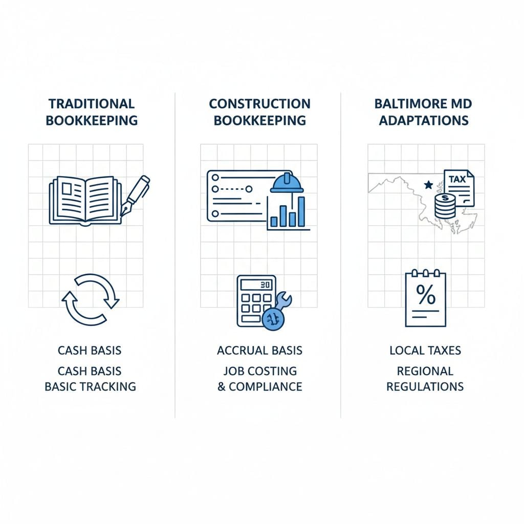 Infographic illustrating differences between traditional bookkeeping and construction-specific methods in Baltimore