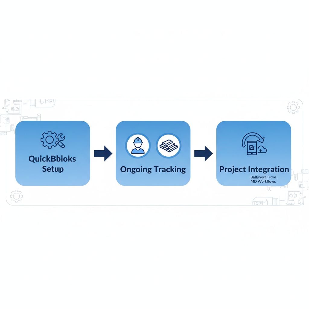 Horizontal process flow diagram illustrating three stages of implementing bookkeeping solutions for construction firms