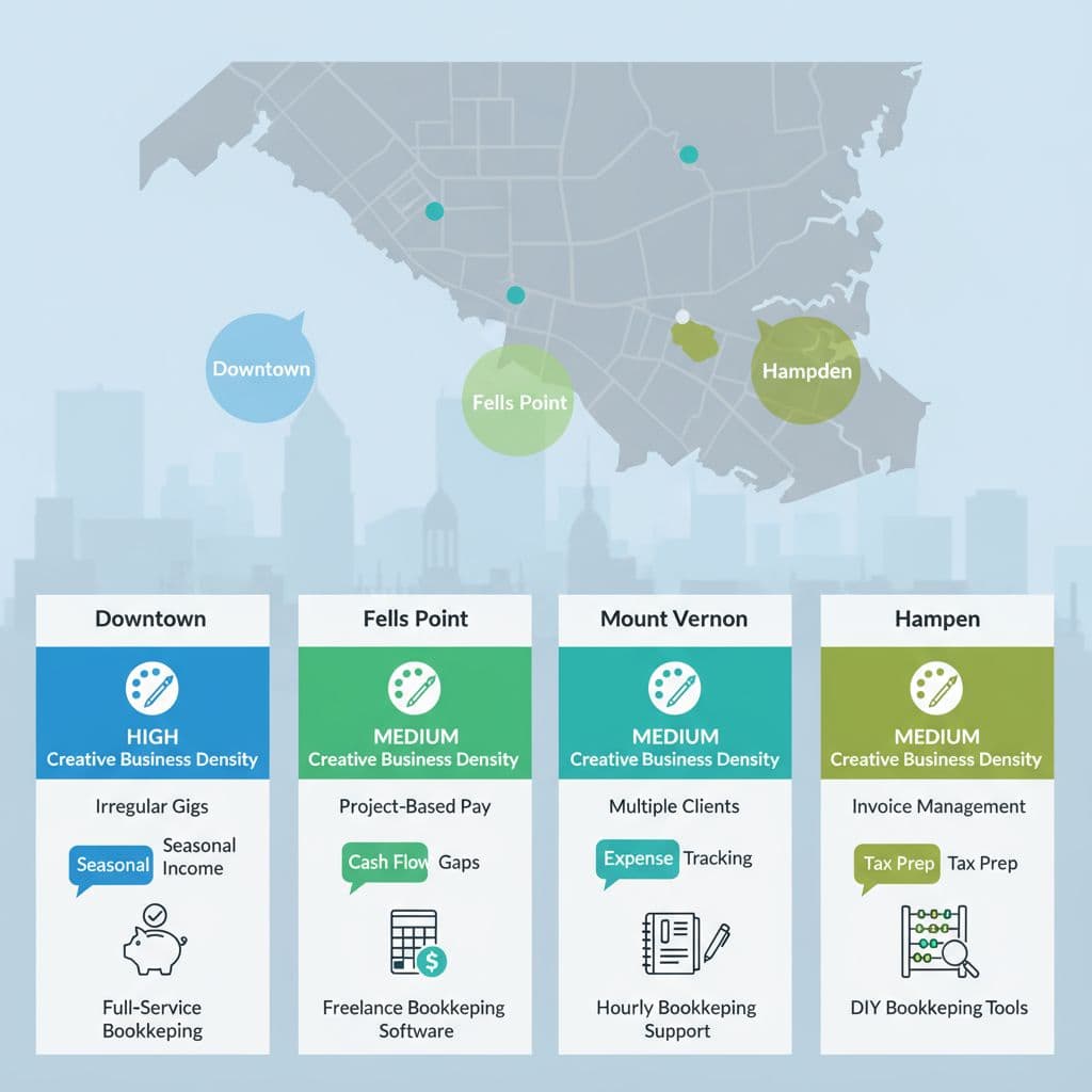 Infographic illustrating Baltimore's creative neighborhoods with business density, financial challenges, and bookkeeping suitability