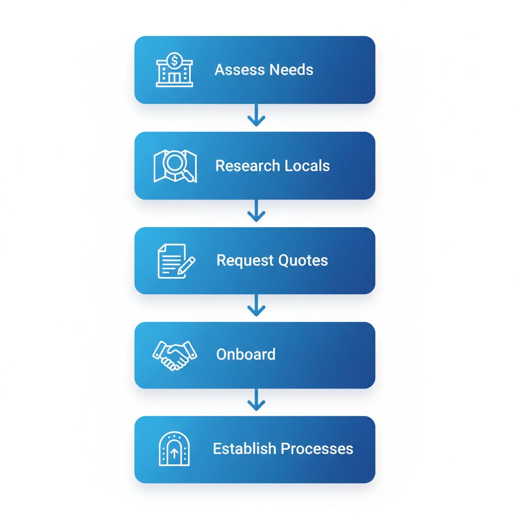 Vertical process flow illustrating the five key steps to hire a bookkeeper in Baltimore