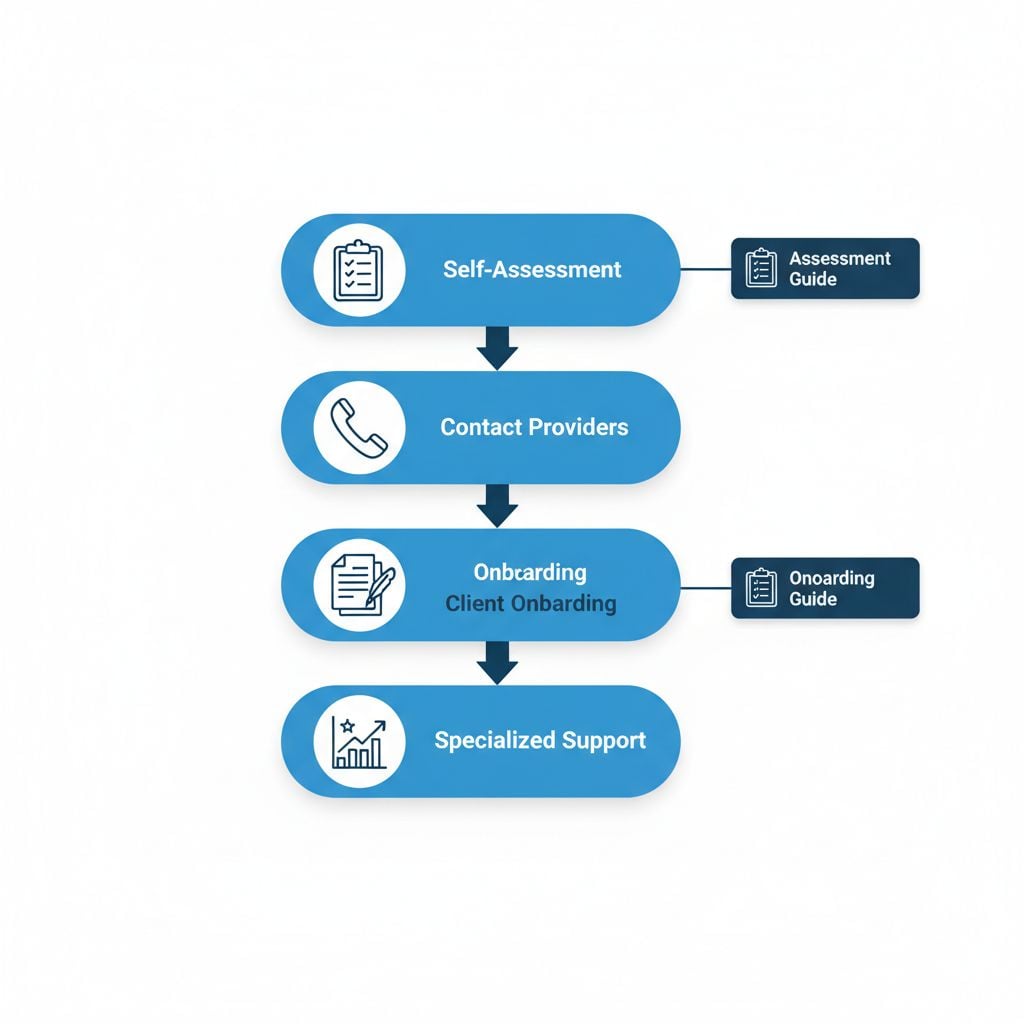 Vertical process flow diagram showing four key steps for starting bookkeeping services: self-assessment, contacting providers, onboarding, and specialized support.