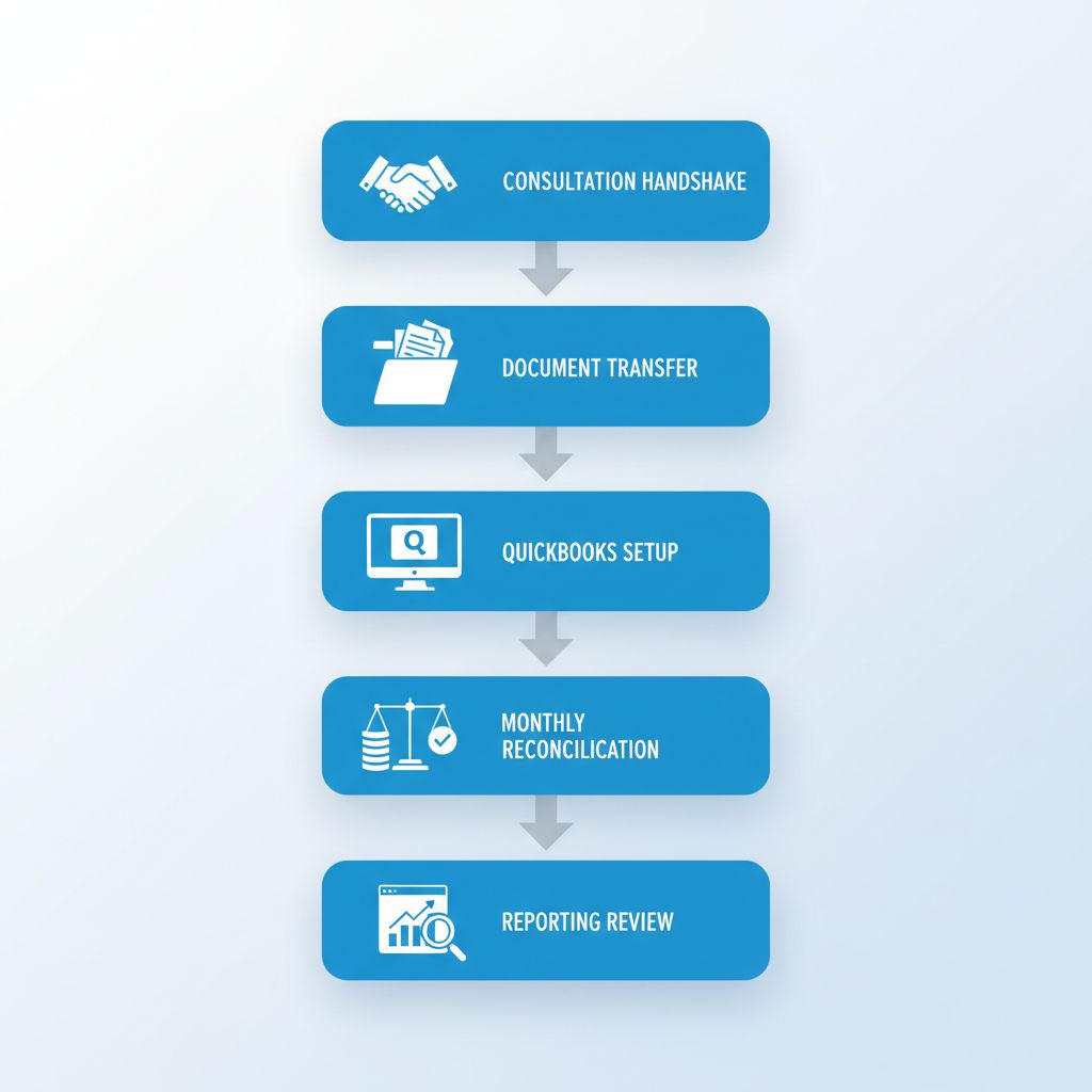 Vertical process flow diagram showing five steps of outsourced accounting onboarding: consultation, document transfer, QuickBooks setup, monthly reconciliations, and reporting review for small businesses.
