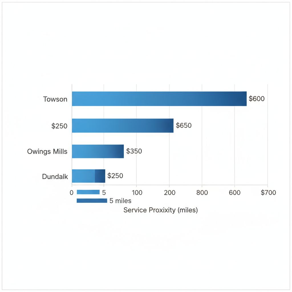 Horizontal bar chart comparing monthly bookkeeping costs and service proximity for retail stores in Towson, Owings Mills, and Dundalk, Baltimore County.