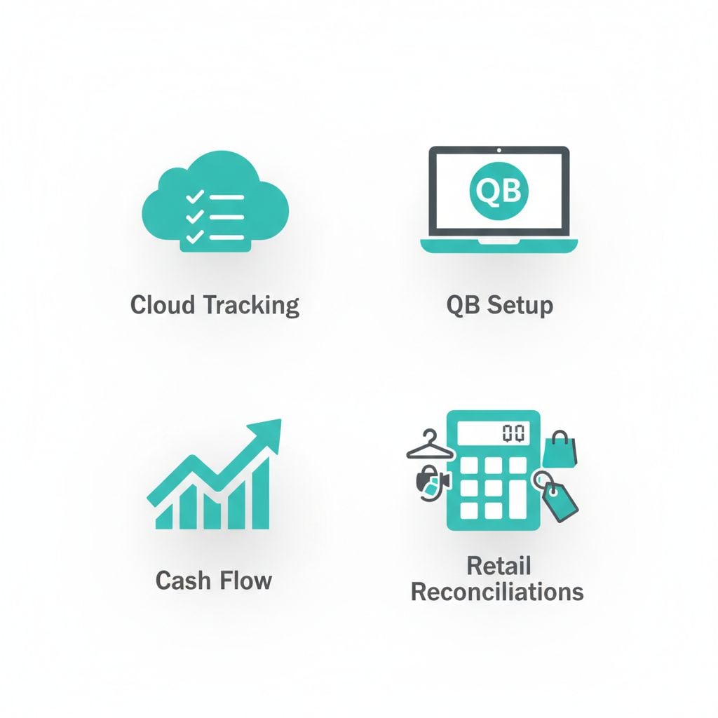 Grid of icons representing bookkeeping services including cloud tracking, QuickBooks setup, cash flow analysis, and retail reconciliations for Towson boutiques.
