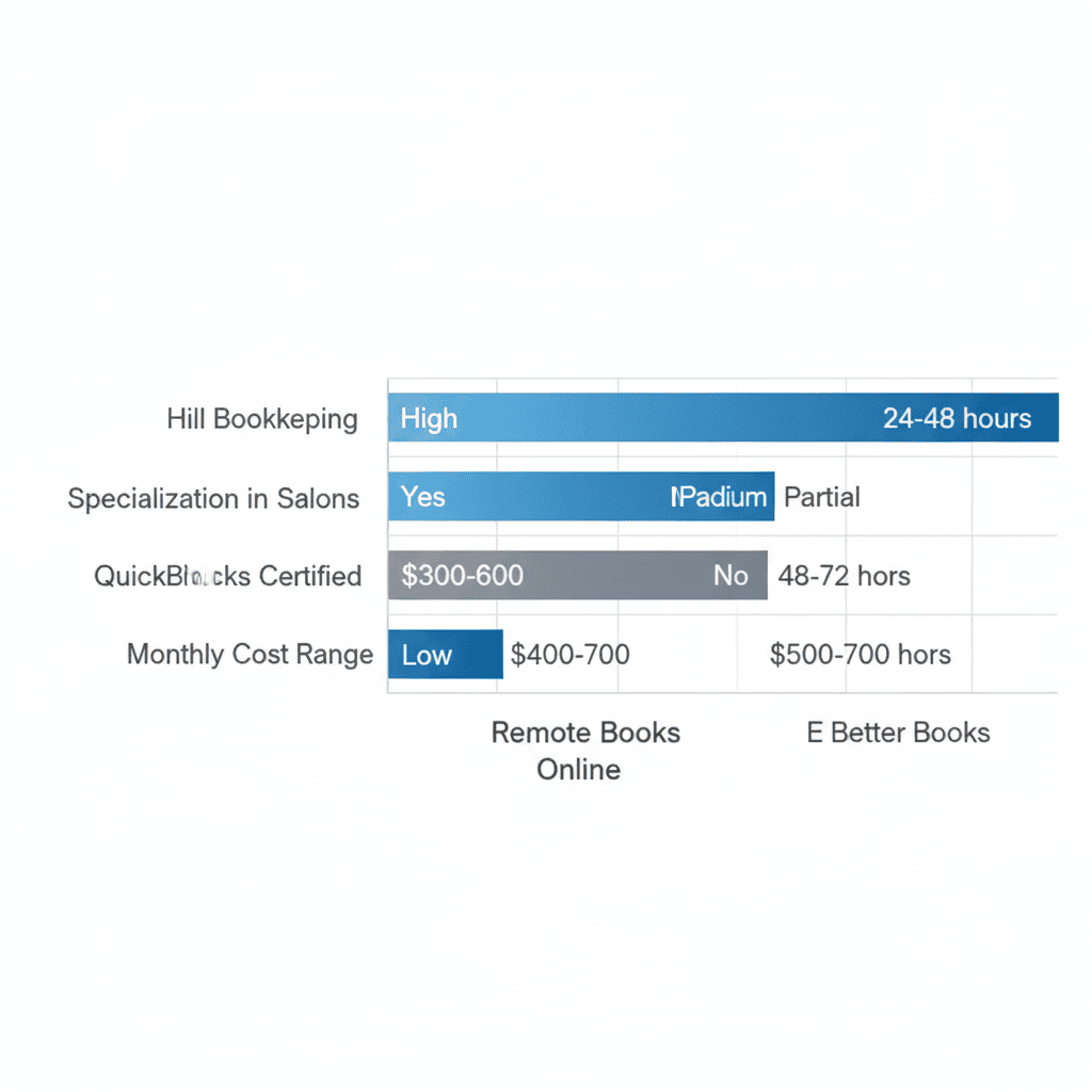 Bookkeeping For Salon Owners Towson Md | Hill Bookkeeping & Consulting Horizontal bar chart comparing key features of bookkeeping providers for Towson salons: specialization, QuickBooks certification, monthly costs, and response times.