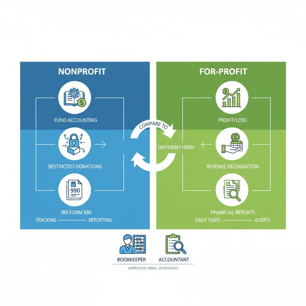 Infographic comparing nonprofit and for-profit bookkeeping differences with icons and panels in blue and green tones.