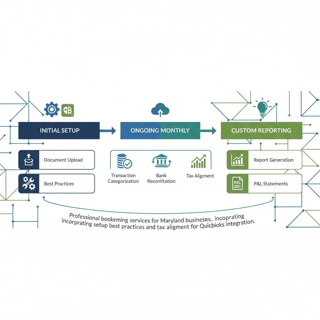 Horizontal process flow diagram illustrating the three main stages of professional bookkeeping services: initial setup, ongoing monthly processes, and customized reporting for Maryland businesses.