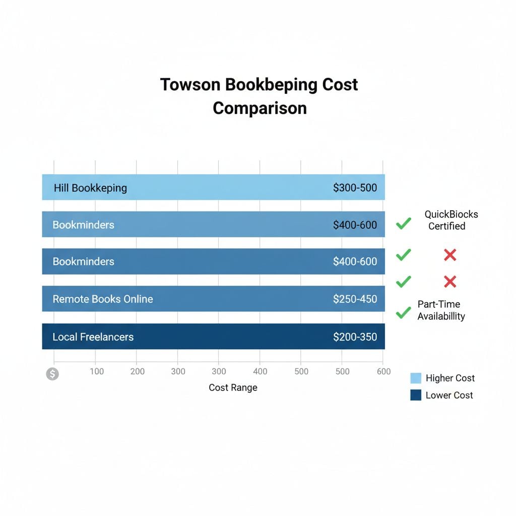 Horizontal bar chart comparing monthly costs, QuickBooks certification, and part-time availability of Towson bookkeeping providers