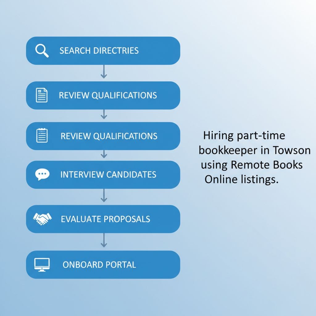 Vertical process flow diagram illustrating five steps to hire a part-time bookkeeper locally in Towson, Maryland, with icons and minimal labels for accessibility.