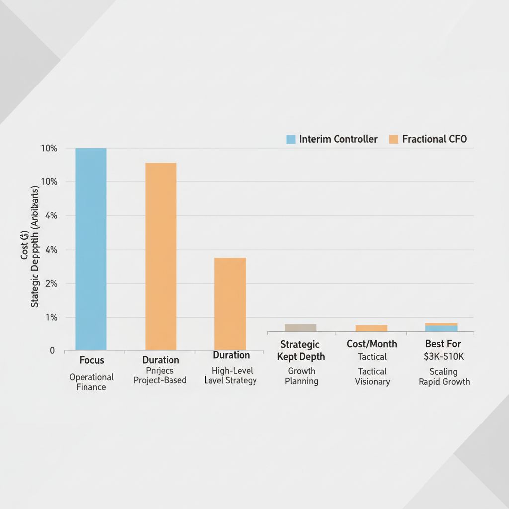 Controller Services For Small Business Columbia Md | Hill Bookkeeping & Consulting Side-by-side bar chart comparing interim controller and fractional CFO services for small businesses