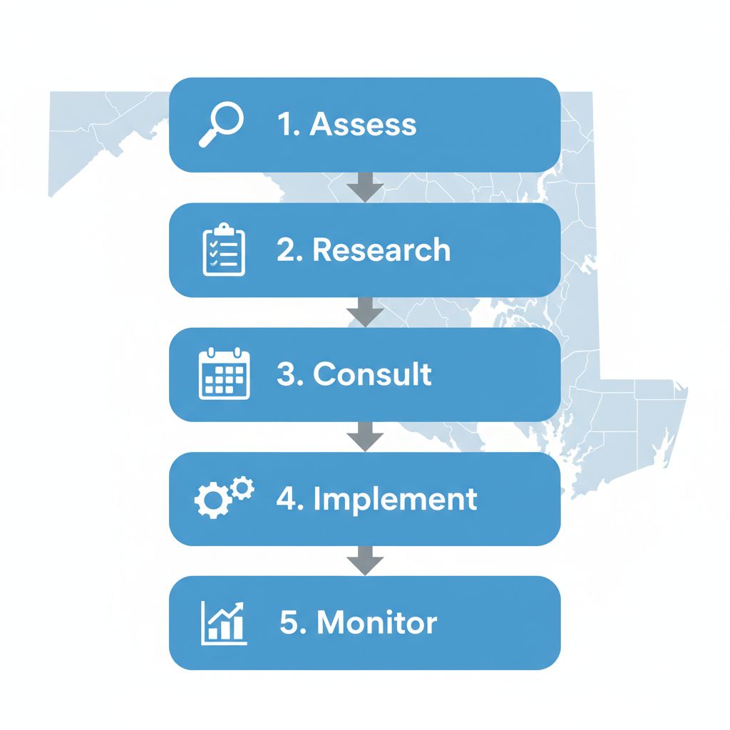 Job Costing Bookkeeping Services Columbia Md | Hill Bookkeeping & Consulting Vertical process flow diagram illustrating five steps to implement job costing bookkeeping in Columbia, Maryland