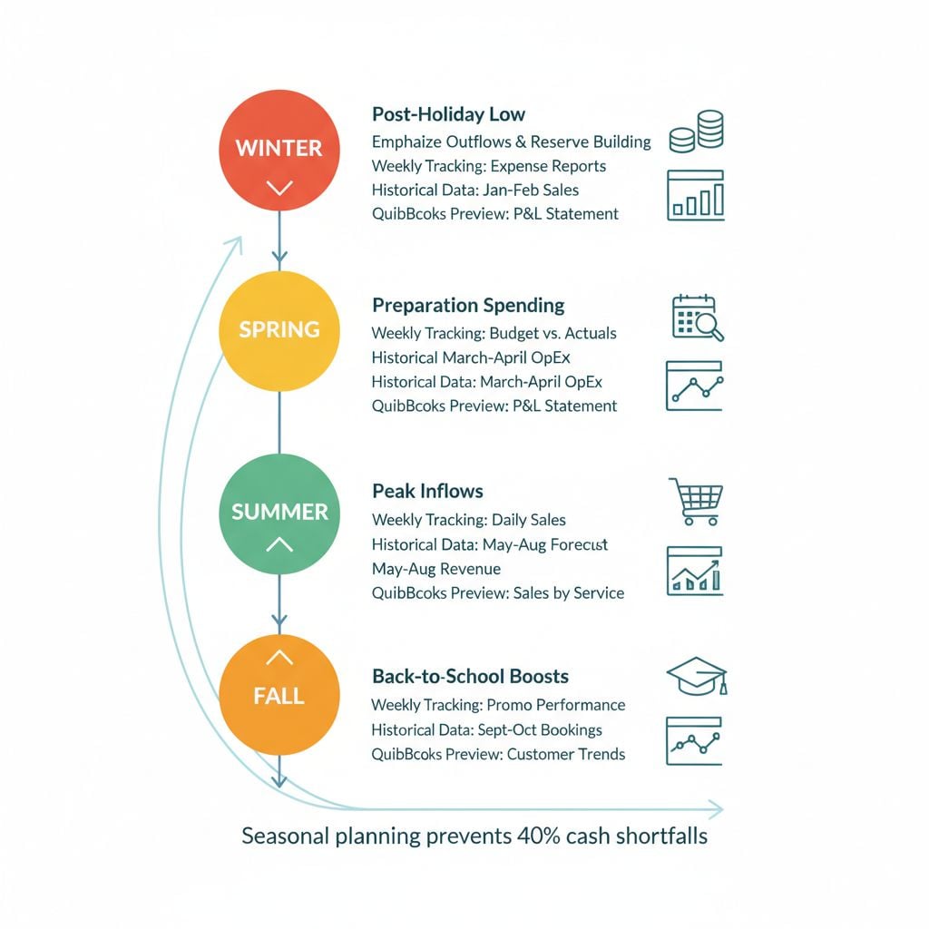 Vertical timeline of seasonal cash flow monitoring for salons in Columbia, Maryland, with markers for winter, spring, summer, and fall