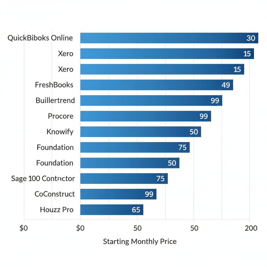 Contractor Bookkeeping Help Columbia Md | Hill Bookkeeping & Consulting Horizontal bar chart comparing starting monthly prices of top contractor bookkeeping tools ranging from $0 to $200