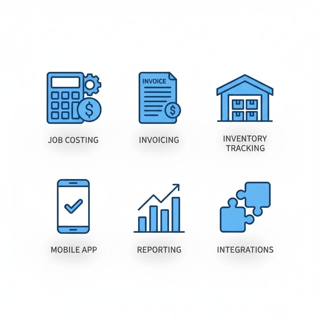 Contractor Bookkeeping Help Columbia Md | Hill Bookkeeping & Consulting Icons set showing QuickBooks Online key features for contractor accounting including job costing, invoicing, inventory tracking, mobile app, reporting, and integrations.