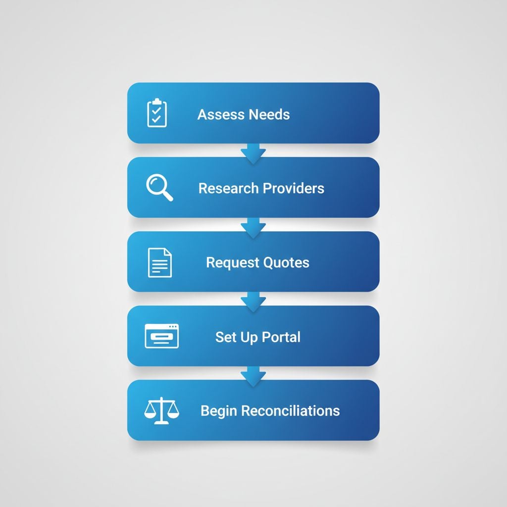 Vertical process flow diagram illustrating five steps to start local bookkeeping services with icons and brief labels.