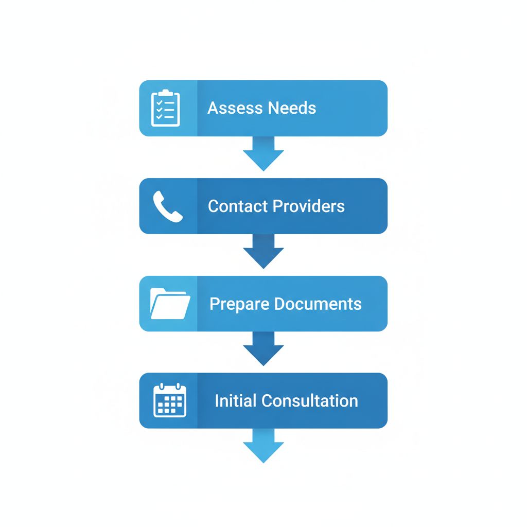 Vertical process flow diagram showing five steps to start bookkeeping services in Cockeysville with icons and brief labels