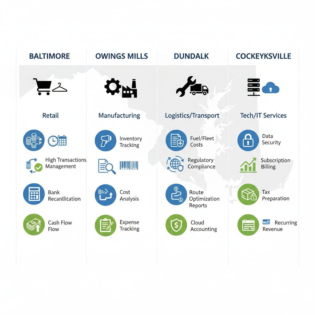 Infographic comparing bookkeeping challenges and needs in Maryland areas: Baltimore, Owings Mills, Dundalk, Cockeysville