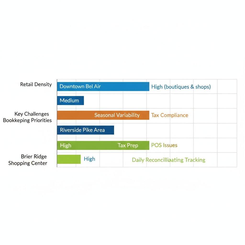 Horizontal bar chart comparing Bel Air retail areas for bookkeeping challenges and priorities