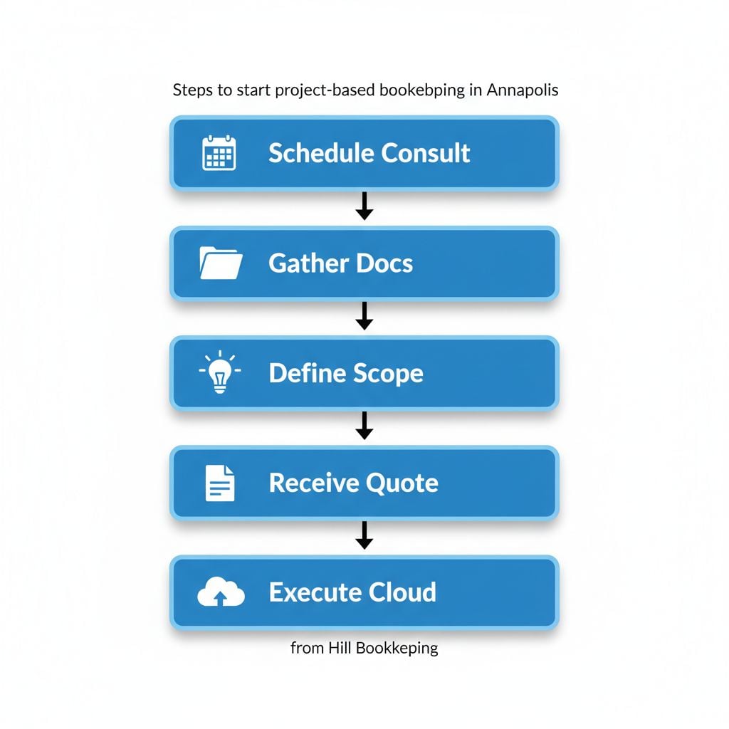 Vertical process flow diagram illustrating five steps to launch project-based bookkeeping in Annapolis, with icons and minimal labels for each stage.