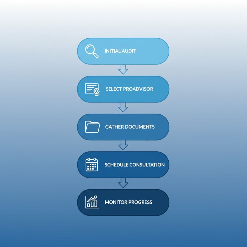 Bookkeeping Catonsville Md | Hill Bookkeeping & Consulting Vertical process flow diagram illustrating the five key steps to begin bookkeeping services in Catonsville